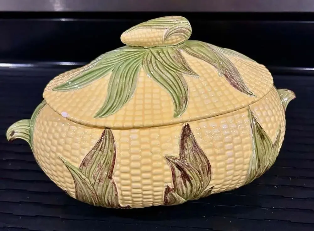 Vintage Hand Painted Ceramic Corn Tureen with Lid by Jean B 1980